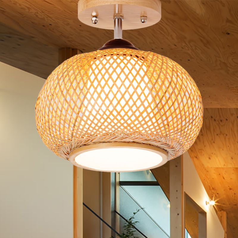 10 "/14" /16 " Lantern Wide Lantern Semi Flush Mount Traditional Bamboo Wood 1 Bulb Flush Mount Ceiling Fixture