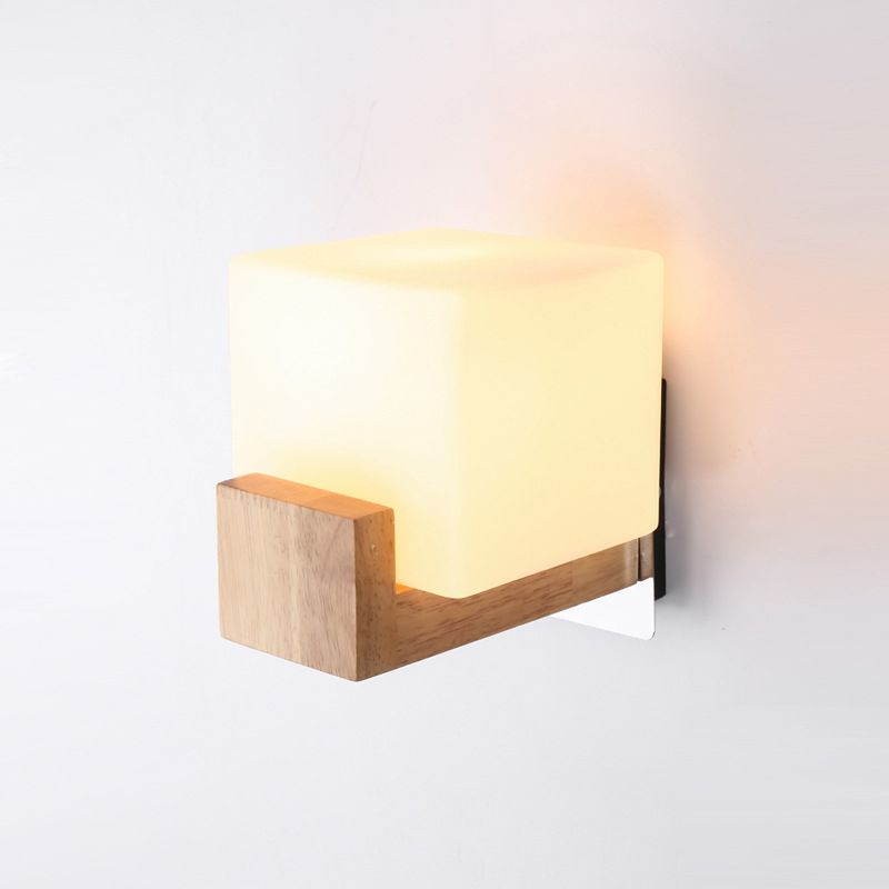 Modern Creative Wall Lamp Wooden Geometric Wall Light with Glass Shade
