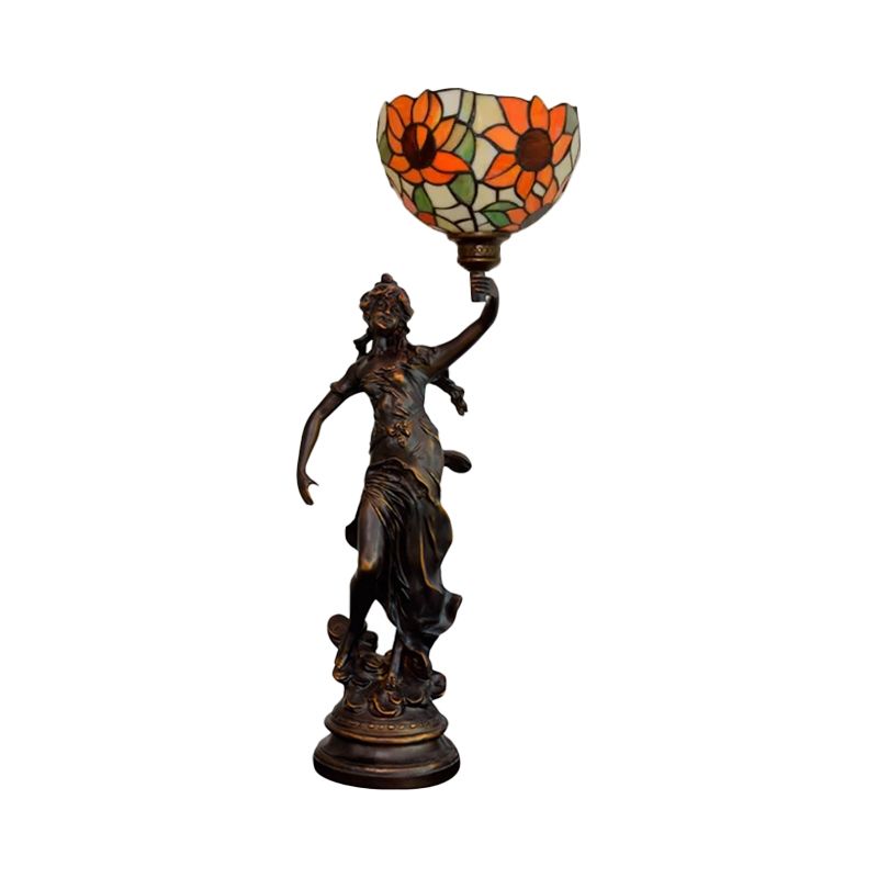 Couche de cloche inversée Éclairage 1-Light Orange / Yellow Blue Sunflower Glass Tiffany Tiffany Night lampe avec fille piédestal