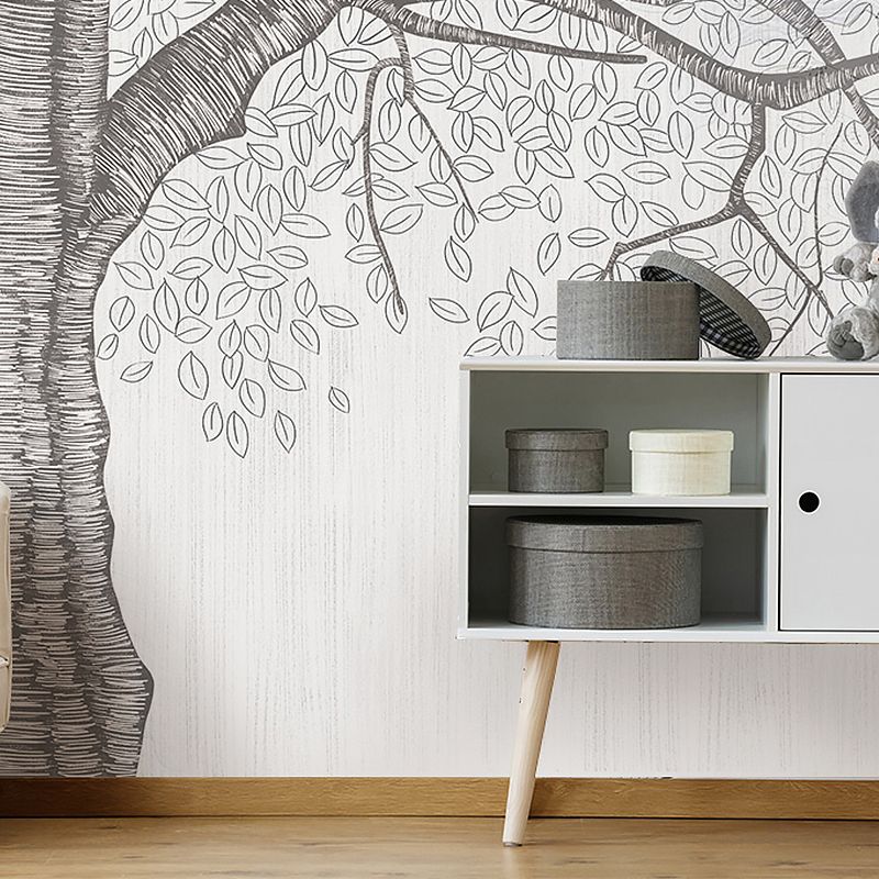 Stain-Resistant Swirled Tree Mural Non-Woven Fabric Nostalgic Wall Covering in Grey for Coffee Shop and Gallery