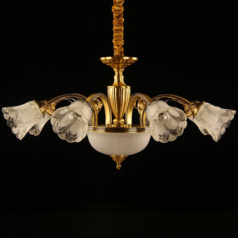 Frosted Glass Flower Kroonluchter Koloniale stijl Woonkamer Suspensie Licht in goud