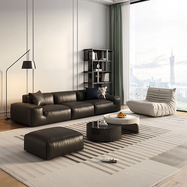 Contemporary Stain Resistant Genuine Leather Square Arm Sofa in Black