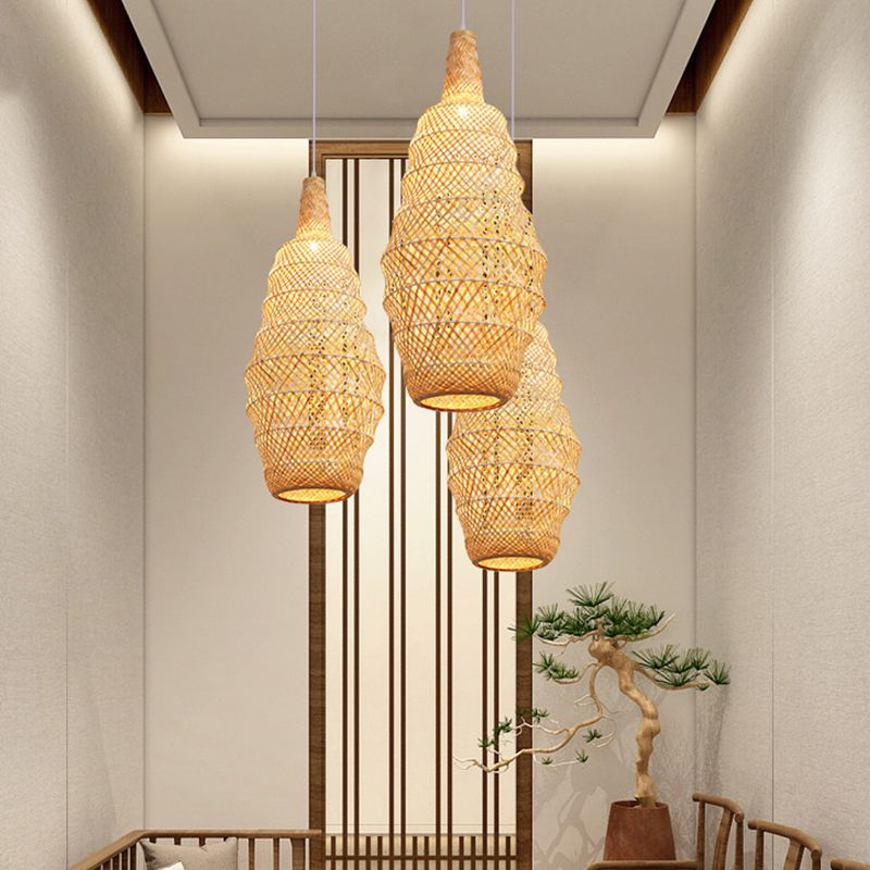 1 Bulb Hand Woven Pendant Light Chinese Bamboo Suspended Lighting Fixture in Flaxen
