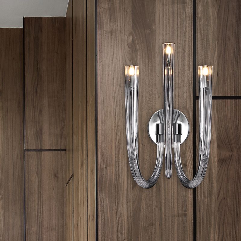 Clear Glass Curved Wall Mount Lamp Simple 3/5 Lights LED Bedroom Wall Lighting Fixture
