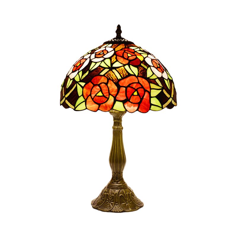 Lampada da tavolo floreale in stile vittoriano Lampada da comodino in vetro colorato rosso/arancione a 1 testa per camera da letto