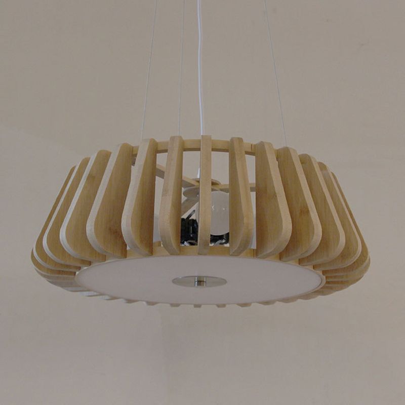 Japanese Bamboo Pendant Light Fixture 1-Light Drum Beige Hanging Ceiling Light