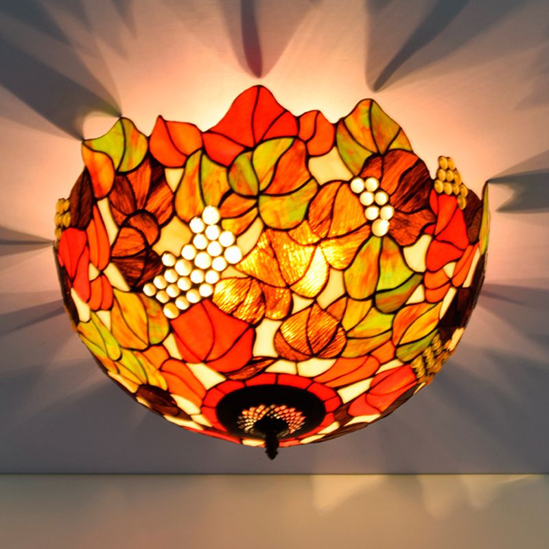 Lámpara Tiffany Rose/Uva de montaje empotrado, 5 bombillas, vidrieras cerca del techo, iluminación en bronce