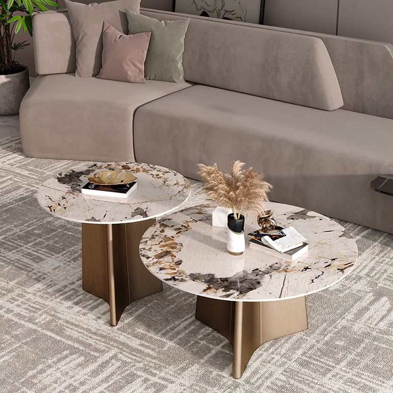 Round  Stone Side Table with 1 Leg Metal Base Side End Snack Table