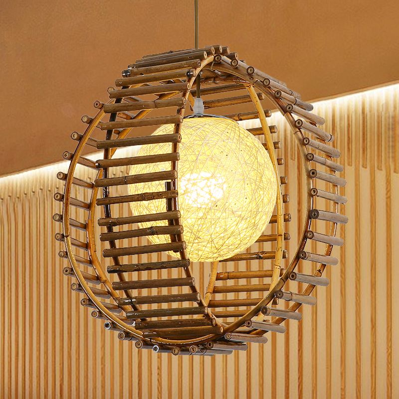 Sphere Bamboo Hanging Light Asian 1 Bulb Khaki Pendant Lighting Fixture for Bedroom