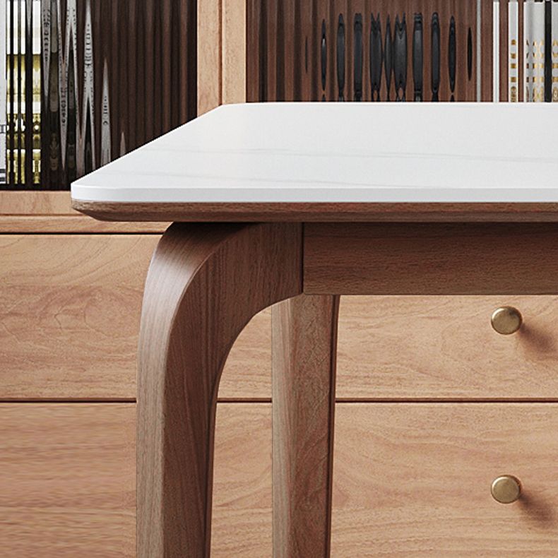 Modern Rectangular White Stone Top Dining Table with 4 Walnut Legs