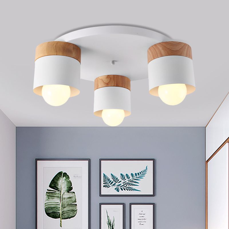 Iron Cylinder Flush Mount Fixture Modern Nordic 3 Bulbs White Ceiling Flush with Wood Top for Bedroom