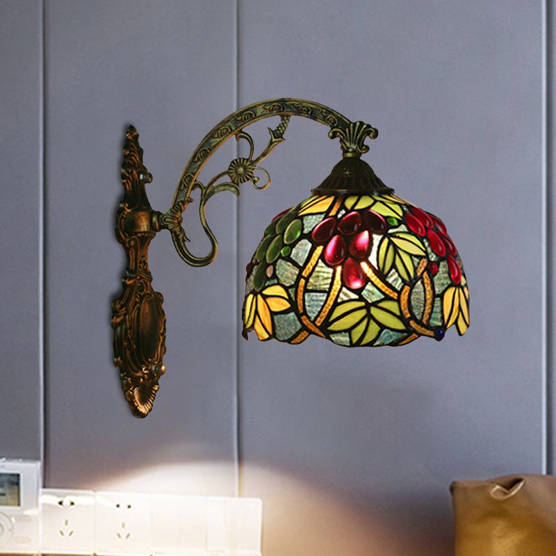 Tiffany-Style Grape Wall Light Sconce 1 Head Handcrafted Stained Glass Wall Mounted Lighting in Red/Green
