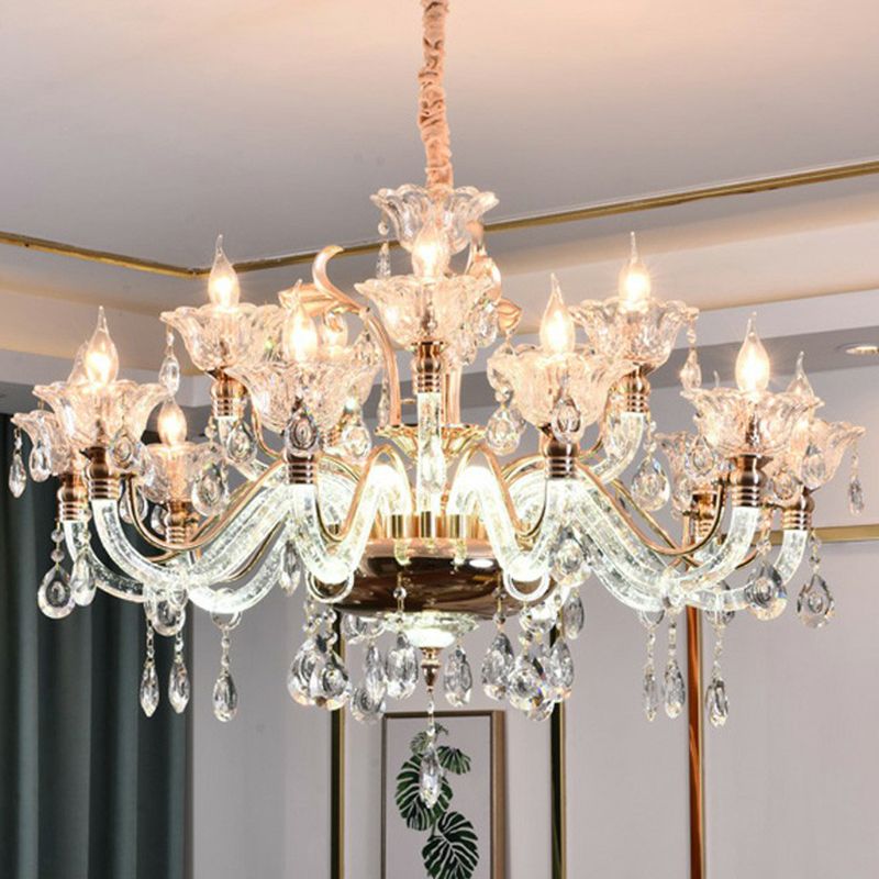 Clear Glass Floral Chandelier Transitional Dining Room Ceiling Light Fixture with K9 Crystals