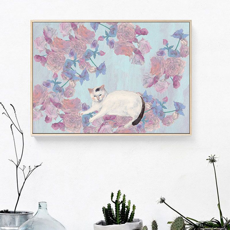Pink Cat and Flowers Painting Textured Children's Art Kids Bedroom Wall Art Decor