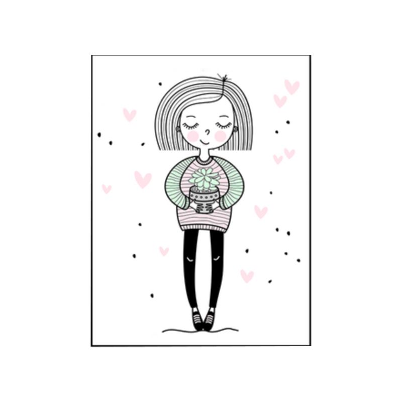 Pink Girl with Potting Wall Decor Figure Children's Art Textured Canvas Print for Room