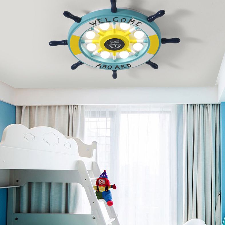 Children's Room Ceiling Light Creative Boy Bedroom Mediterranean Style Ocean Cartoon Wooden Pirate Ship Rudder Energy-saving Lamps