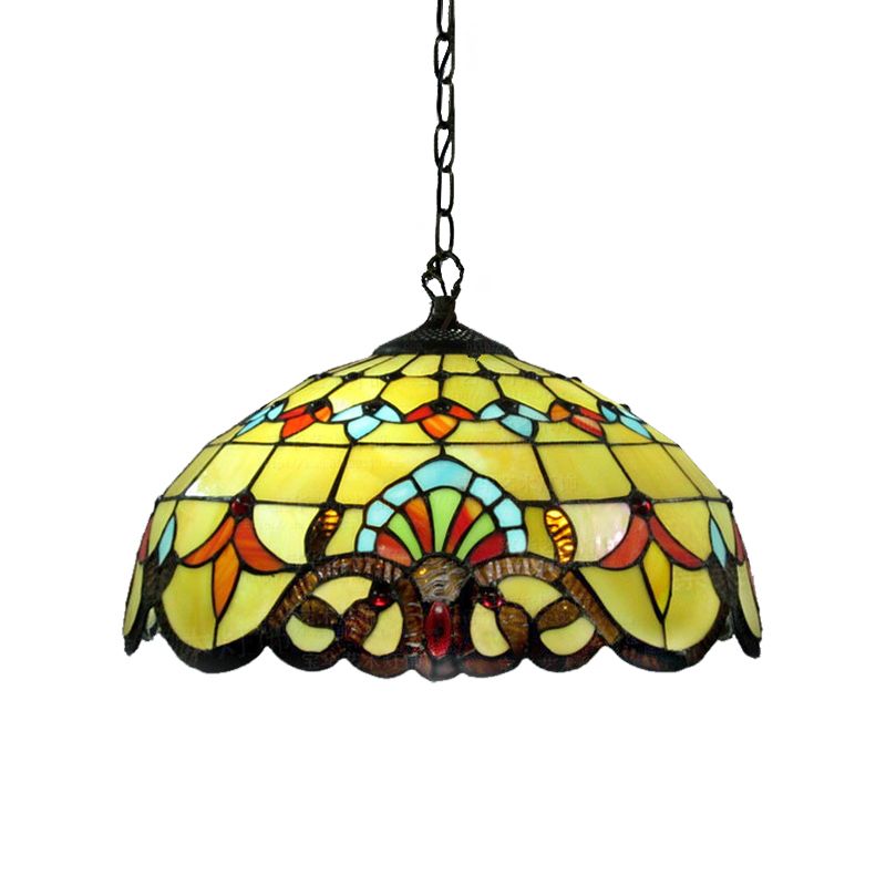 Lodge Domed Pendant Lamp Stained Glass 1 Light Pendant Lighting in Yellow for Dining Room
