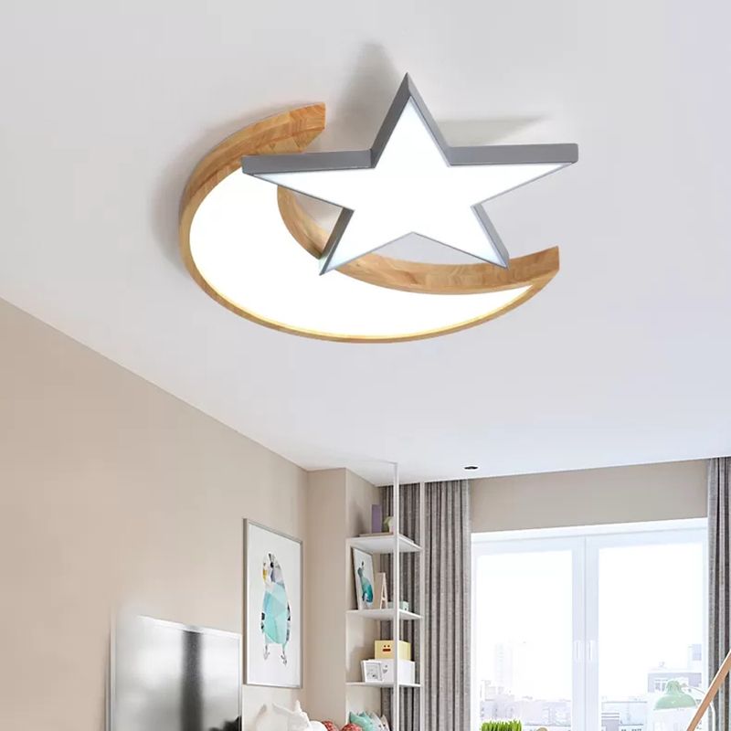 Houten Ster Maan Plafondmontage Lichte Plafondlamp in Scandinavische Stijl voor Verpleegkamer Slaapkamer