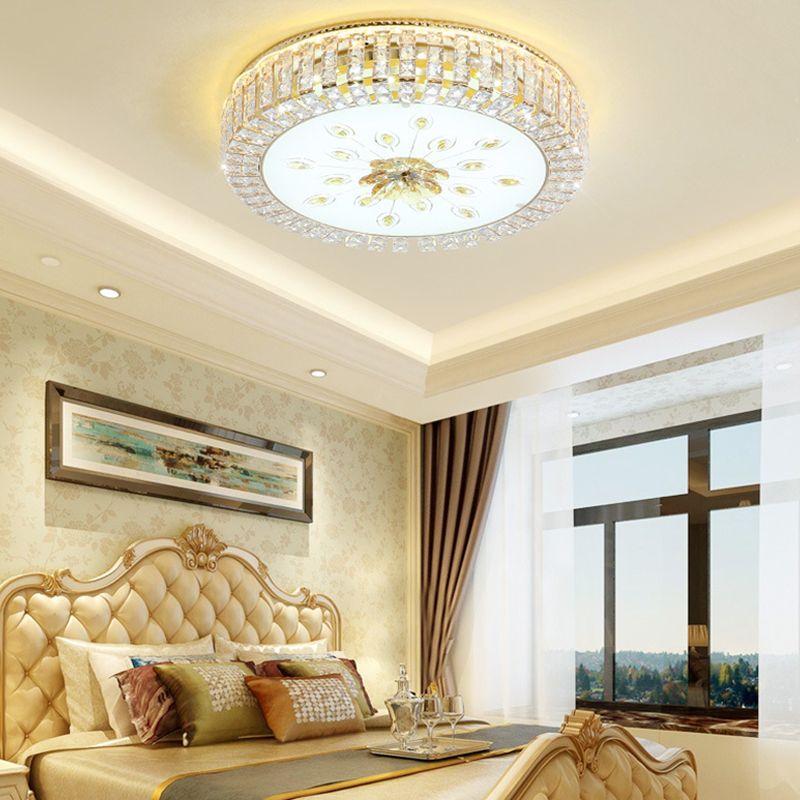16"/19.5" Dia Circle Flush Mount Fixture Bedroom LED Modern Clear Crystal Flush Lamp with Frosted Glass Diffuser in Gold