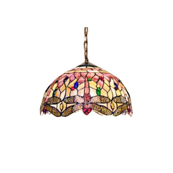 Dome Ceiling Lamp Tiffany Shell 3 Bulbs Pink Hanging Pendant Light with Dragonfly Pattern, 12"/16" Wide