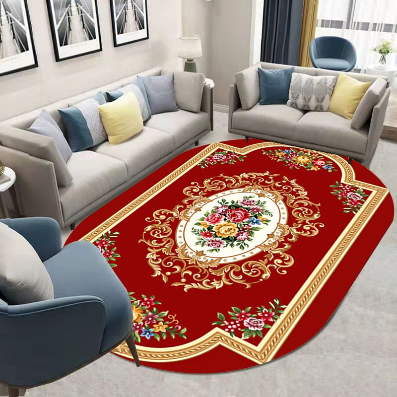 Dark Red Flower Rug Blending Traditional Rug Washable Rug for Home Decor