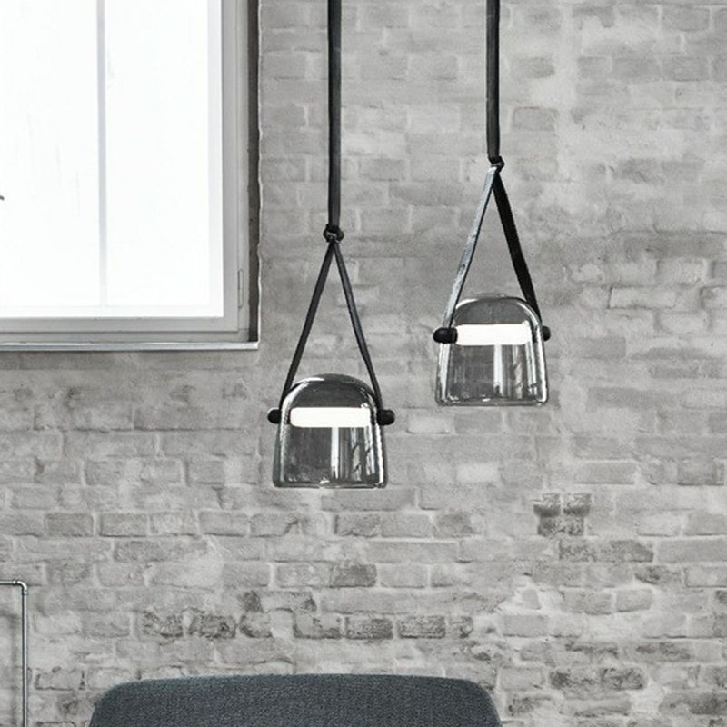 Dome Smoke Grey Glass Pendulum Light Nordic Single-Bulb Pendant Lighting with Adjustable Leather Strap
