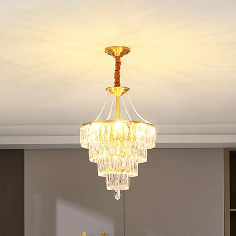 Minimalistische luxuriöse konische Suspension Lichtkristall 6 Lichter Schlafzimmer Kronleuchter in Gold