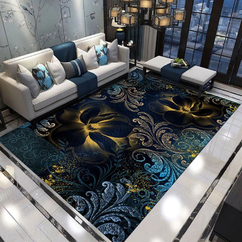 Grey Plant Print Area Carpet Modern Polyester Area Rug Anti-Slip Washable Rug for Living Room