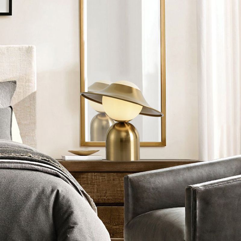 Gold Hat Shaped Table Light Postmodern Style 1 Bulb White Glass Night Stand Lamp