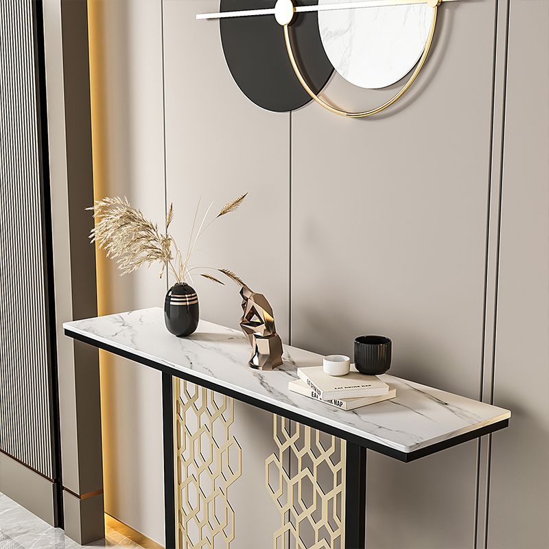 Glam Console Table with Rectangle Stone Top and Black Base for Hall