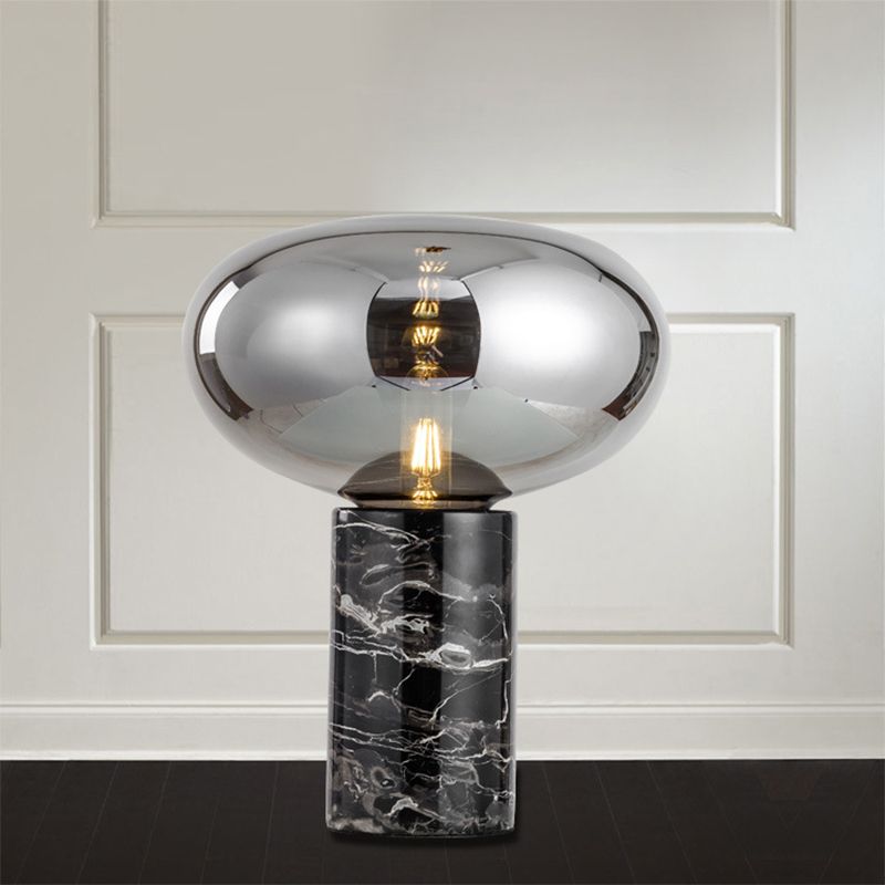 9"/12.5" Wide Cylinder Table Light Designer Marble 1 Head Black Night Lamp with Oval Grey/Amber Glass Shade