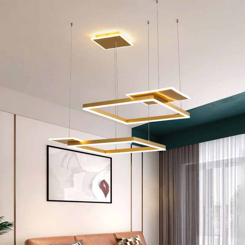 Square Suspension Chandelier Pendant Light Modernist LED Metal Ceiling Lamp in Gold/Coffee, Warm/White Light