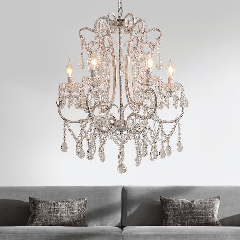 Antique Candlestick Ceiling Lighting Metallic Chandelier Light Fixture with Crystal Bead Decor in White