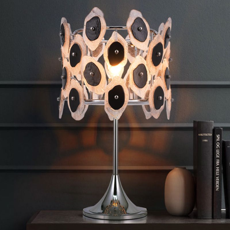 1 table de salon de tête Lumière lampe de chevet chromée moderne avec ombre de tambour en métal