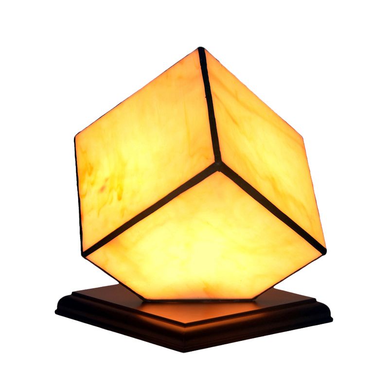 1 Bulb Cubic Night Light Mediterranean Style Beige Glass Table Lighting with Plug-In Cord
