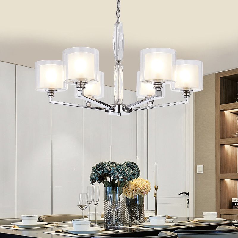 Chrome Metal Radial Pendant Light Modern Cylindrical Clear Glass Shade Bedroom Chandelier Lighting