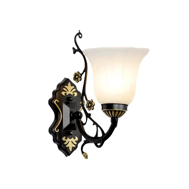 Bell Living Room Wall Light Sconce Vintage Style Metal 1/2 Lights Black Wall Lamp with White Glass Shade