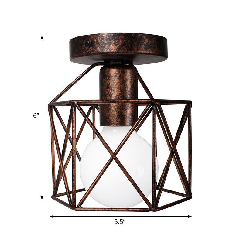 Wire Cage Iron Semi Flush Light Fixture Warehouse 1 Light Antique Bronze Semi Mount Lighting with Hexagon Shade