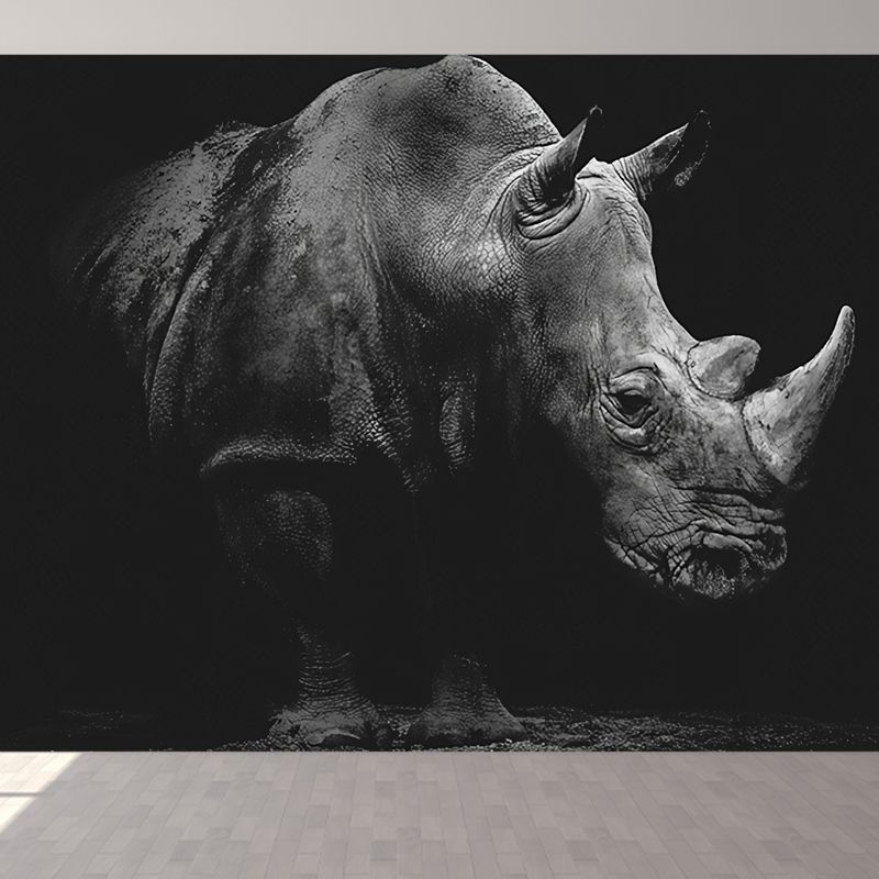 Grey and Black Rhinoceros Mural Waterproof Wall Covering for Living Room