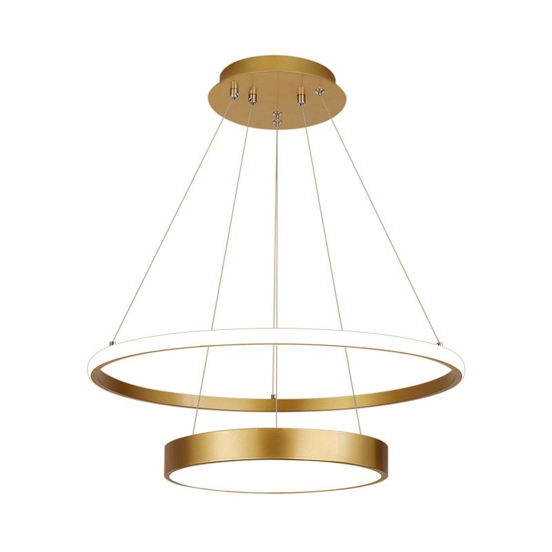 2-Tier Ring Metallic Drop Lamp Minimalist LED Gold Chandelier Lighting Fixture in Warm/White Light