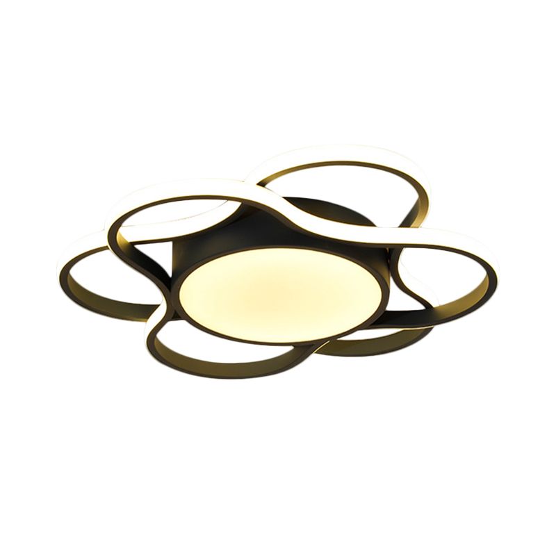 LED Restaurant Ceiling Lamp Simple Black Flush Mount Lighting with Round and Flower Metallic Shade in Warm/White Light