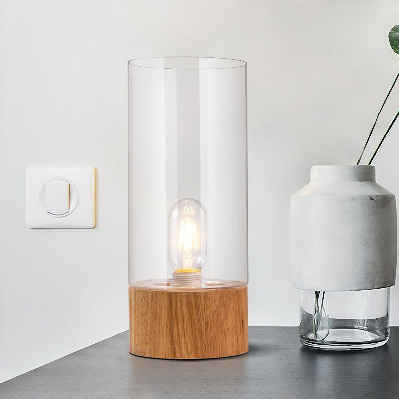 Dormitorio de cilindro escritorio pequeño ligero vaso transparente 1 LED de lectura de led simple lámpara de libro con base de madera