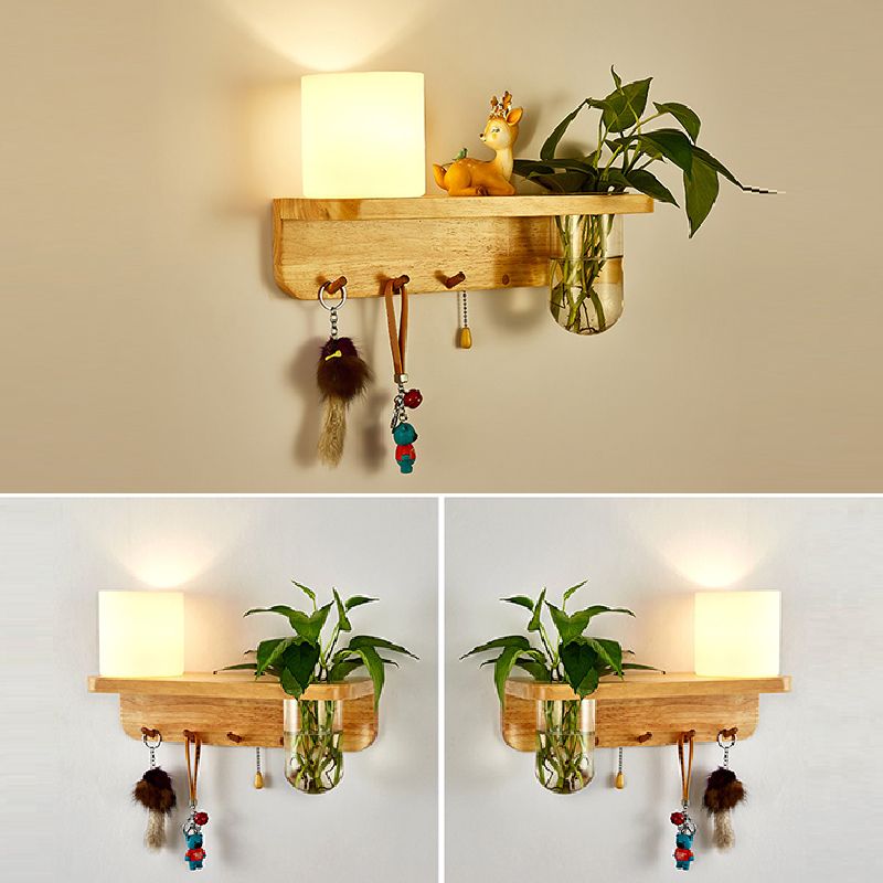 Modern Wooden Wall Sconce Simple Wall Light with Glass Shade without Plants