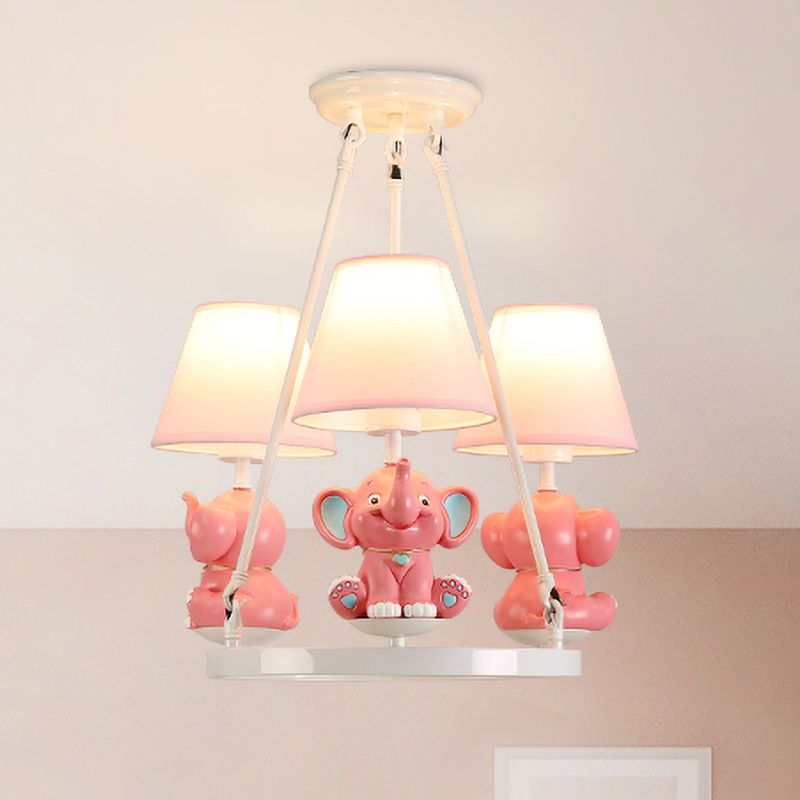 Resin Elephant Chandelier Light Fixture Kids 3 Heads Pink Pendant Lamp with Conical Fabric Shade