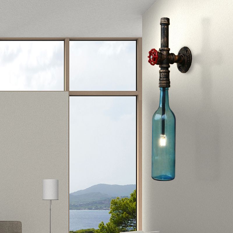 Glass Wine Bottle Wall Lighting Rustic Industrial 1 Light Restaurant Blue/Clear Wall Sconce Light with Red Valve