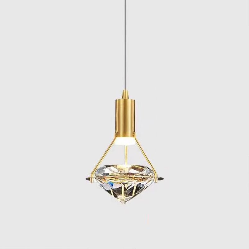 Brass Crystal LED Pendant Light in Modern Luxury Style Copper Geometric Hanging Lamp for Bedroom
