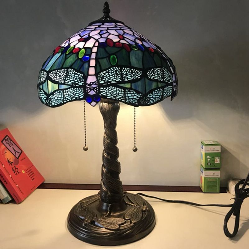 Mediterranean Dragonfly Nightstand Light 1 Light Stained Glass Table Lamp in Bronze for Bedroom