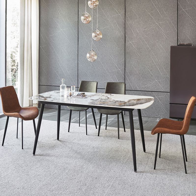 Matte Finish Stone Rectangular Dining Table 4 Legs Furniture with Steel Base