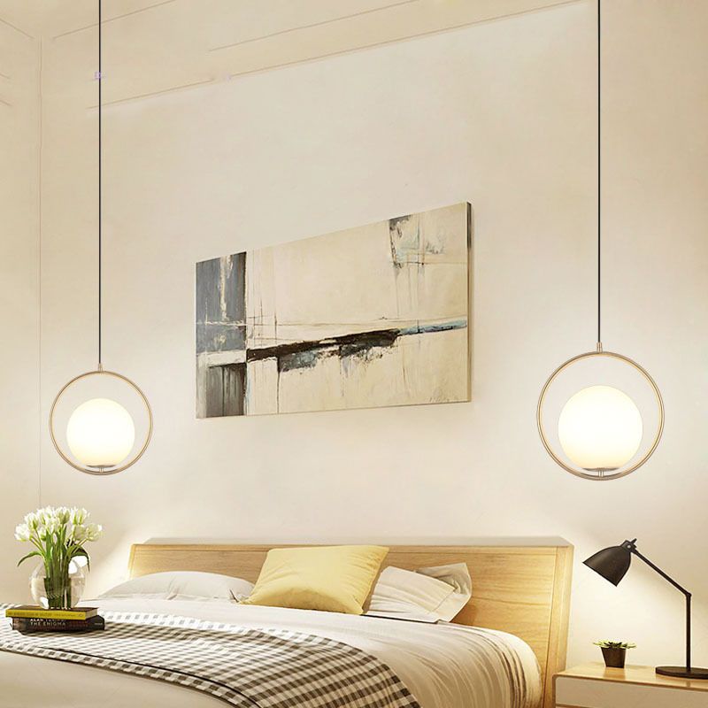 Contemporary Spherical Hanging Light Fixture Glass Bedroom Pendant Ceiling Light in White