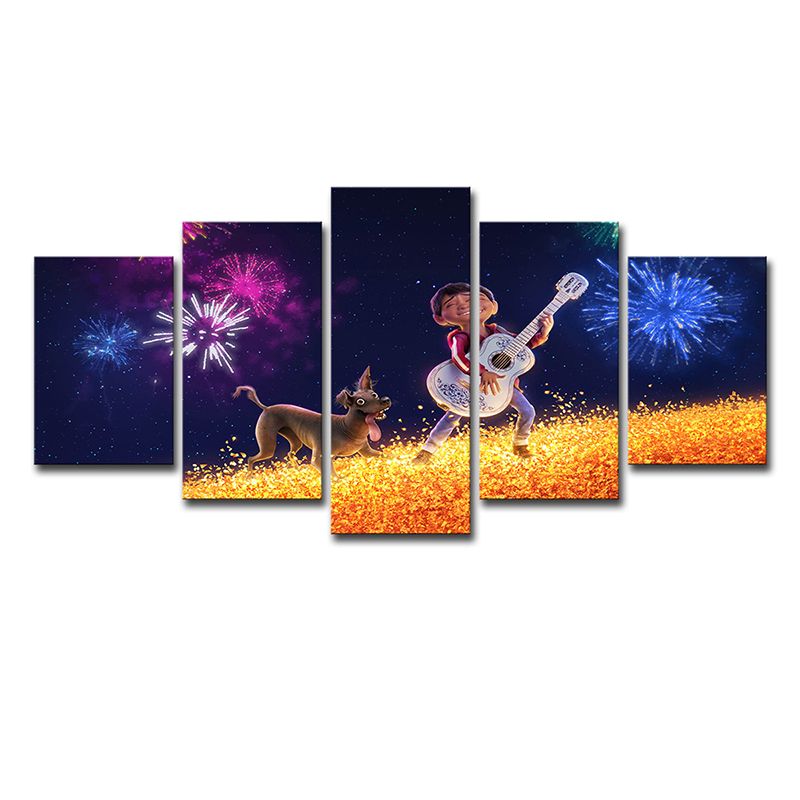 Kids Style Coco Character Canvas Black Boys Guitar Show with His Dog Wall Art